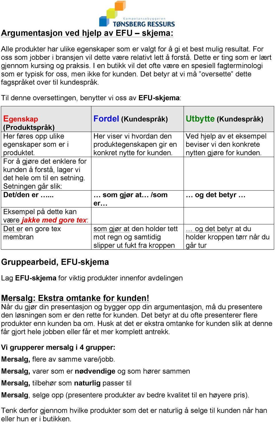 Det betyr at vi må oversette dette fagspråket over til kundespråk. Til denne oversettingen, benytter vi oss av EFU-skjema: Egenskap (Produktspråk) Her føres opp ulike egenskaper som er i produktet.