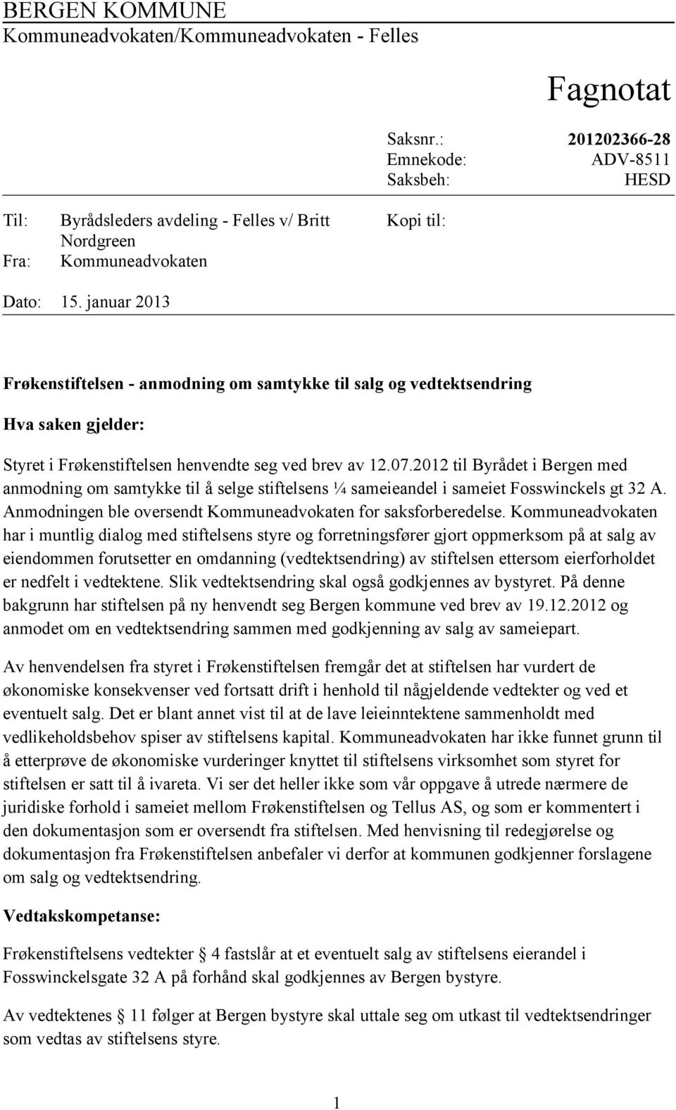 januar 2013 Frøkenstiftelsen - anmodning om samtykke til salg og vedtektsendring Hva saken gjelder: Styret i Frøkenstiftelsen henvendte seg ved brev av 12.07.