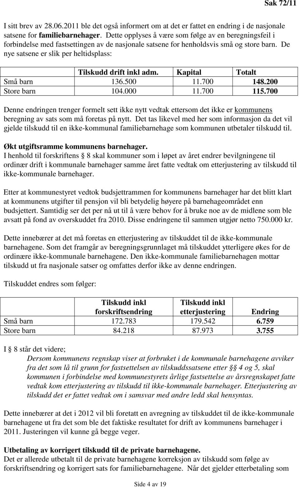 De nye satsene er slik per heltidsplass: Tilskudd drift inkl adm. Kapital Totalt Små barn 136.500 11.700 148.200 Store barn 104.000 11.700 115.