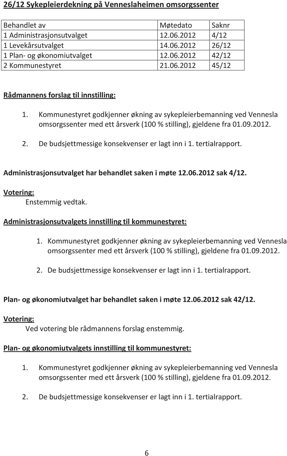 De budsjettmessige konsekvenser er lagt inn i 1. tertialrapport. Administrasjonsutvalget har behandlet saken i møte 12.06.2012 sak 4/12. Enstemmig vedtak.