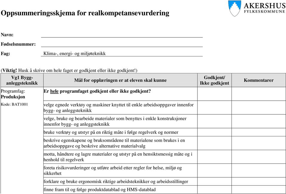 velge, bruke og bearbeide materialer som benyttes i enkle konstruksjoner innenfor bygg- og anleggsteknikk bruke verktøy og utstyr på en riktig måte i følge regelverk og normer beskrive egenskapene og