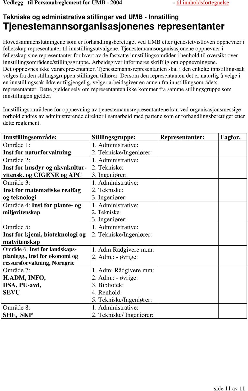 Tjenestemannsorganisasjonene oppnevner i fellesskap sine representanter for hvert av de fastsatte innstillingsområder i henhold til oversikt over innstillingsområdene/stillingsgruppe.