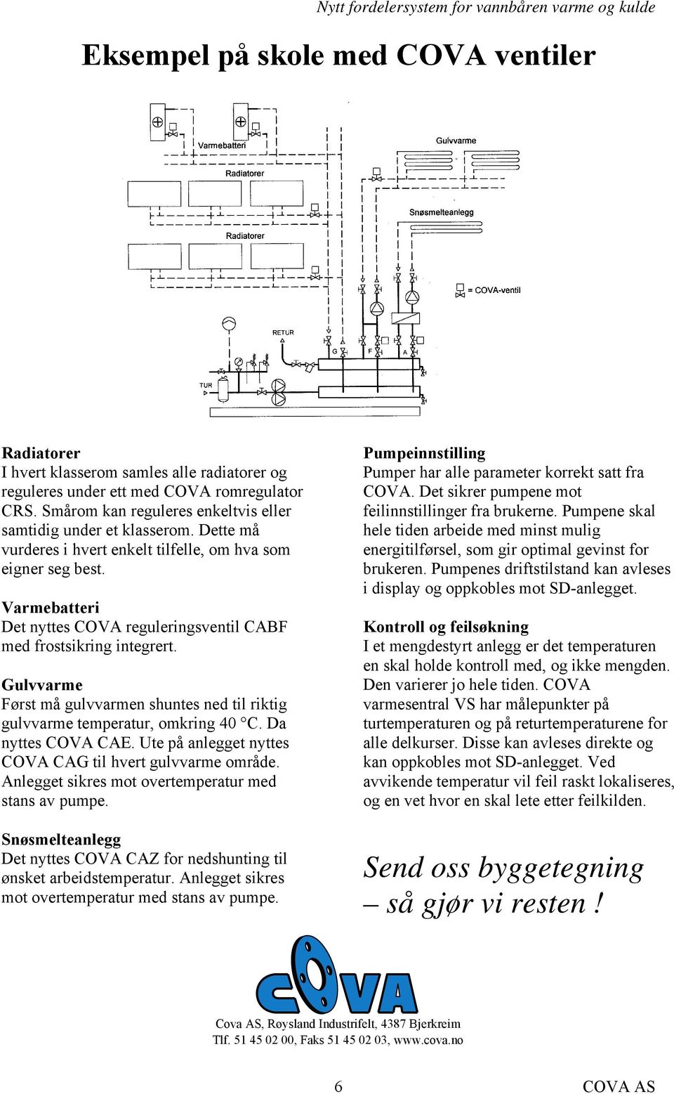 Varmebatteri Det nyttes COVA reguleringsventil CABF med frostsikring integrert. Gulvvarme Først må gulvvarmen shuntes ned til riktig gulvvarme temperatur, omkring 40 C. Da nyttes COVA CAE.