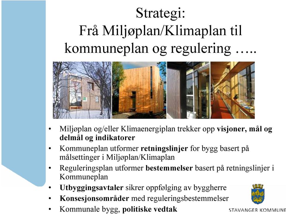 retningslinjer for bygg basert på målsettinger i Miljøplan/Klimaplan Reguleringsplan utformer bestemmelser