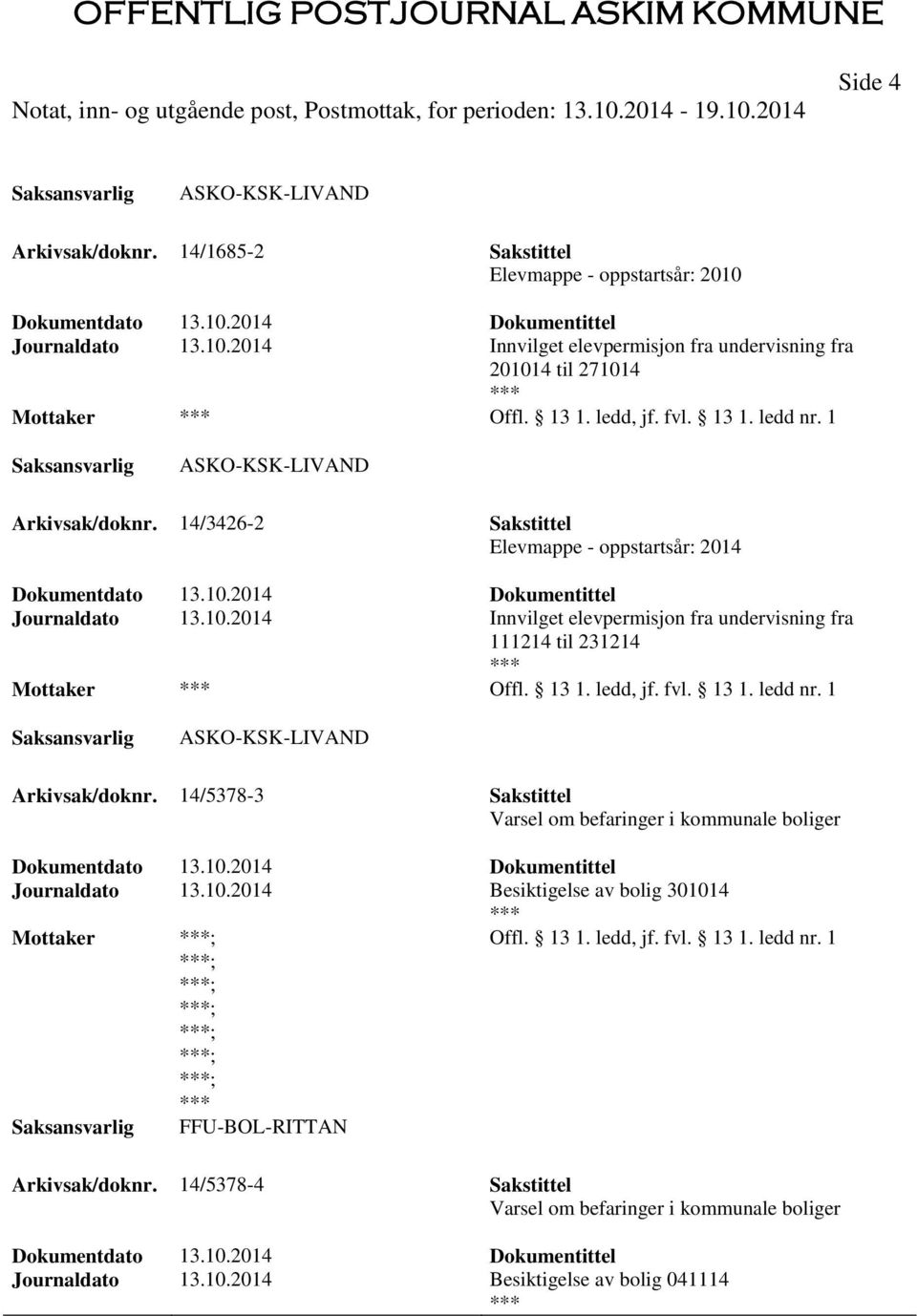 2014 Innvilget elevpermisjon fra undervisning fra 111214 til 231214 Offl. 13 1. ledd, jf. fvl. 13 1. ledd nr. 1 ASKO-KSK-LIVAND Arkivsak/doknr.
