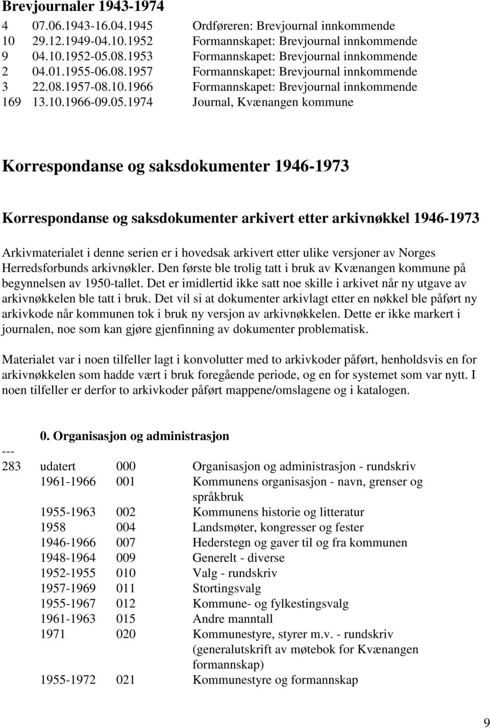 1974 Journal, Kvænangen kommune Korrespondanse og saksdokumenter 1946-1973 Korrespondanse og saksdokumenter arkivert etter arkivnøkkel 1946-1973 Arkivmaterialet i denne serien er i hovedsak arkivert
