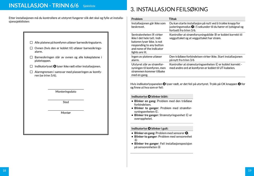 Ovnen (hvis den er koblet til) utløser barnesikringsalarm. Barnesikringen slår av ovnen og alle kokeplatene i platetoppen. Indikatorlyset ❽ lyser ikke rødt etter installasjonen.