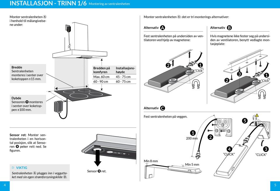 senter over koketoppen ± mm. Bredden på komfyren Max. 60 cm Installasjonshøyde - 7 cm 60-90 cm 60-7 cm lick lick Dybde Sensoren ❾ monteres i senter over koketoppen ±00 mm.