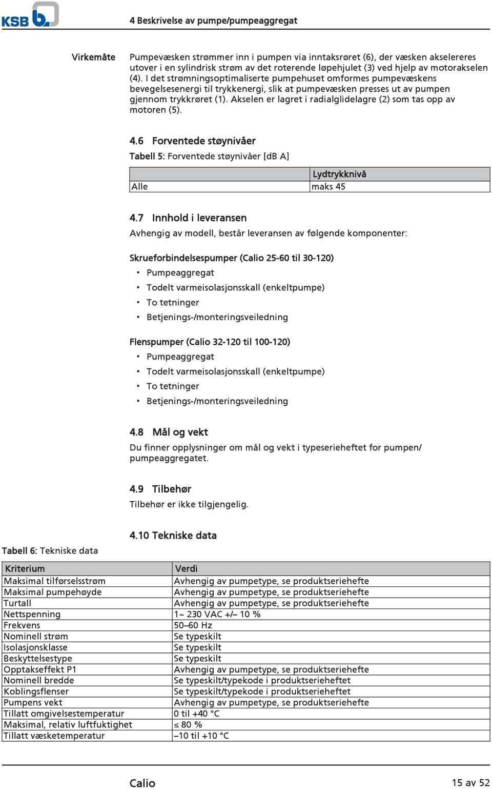 Akselen er lagret i radialglidelagre (2) som tas opp av motoren (5). 4.6 Forventede støynivåer Tabell 5: Forventede støynivåer [db A] Lydtrykknivå Alle maks 45 4.