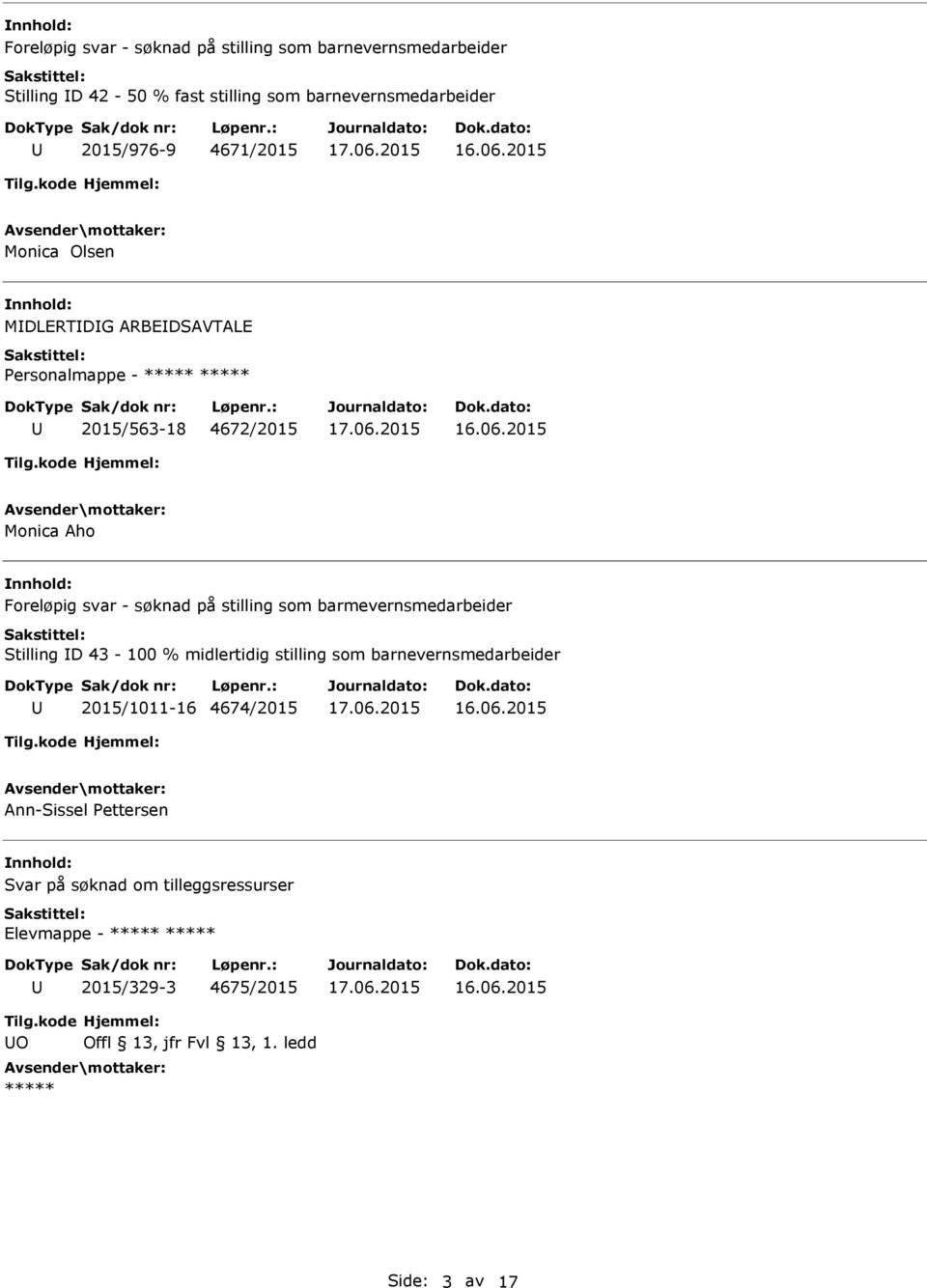 barmevernsmedarbeider Stilling D 43-100 % midlertidig stilling som barnevernsmedarbeider 2015/1011-16 4674/2015 Ann-Sissel