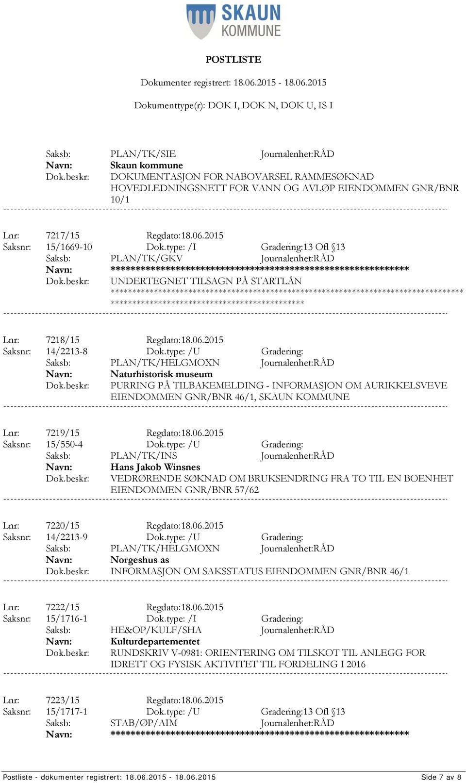 type: /U Gradering: Saksb: PLAN/TK/HELGMOXN Journalenhet:RÅD Naturhistorisk museum PURRING PÅ TILBAKEMELDING - INFORMASJON OM AURIKKELSVEVE EIENDOMMEN GNR/BNR 46/1, SKAUN KOMMUNE Lnr: 7219/15