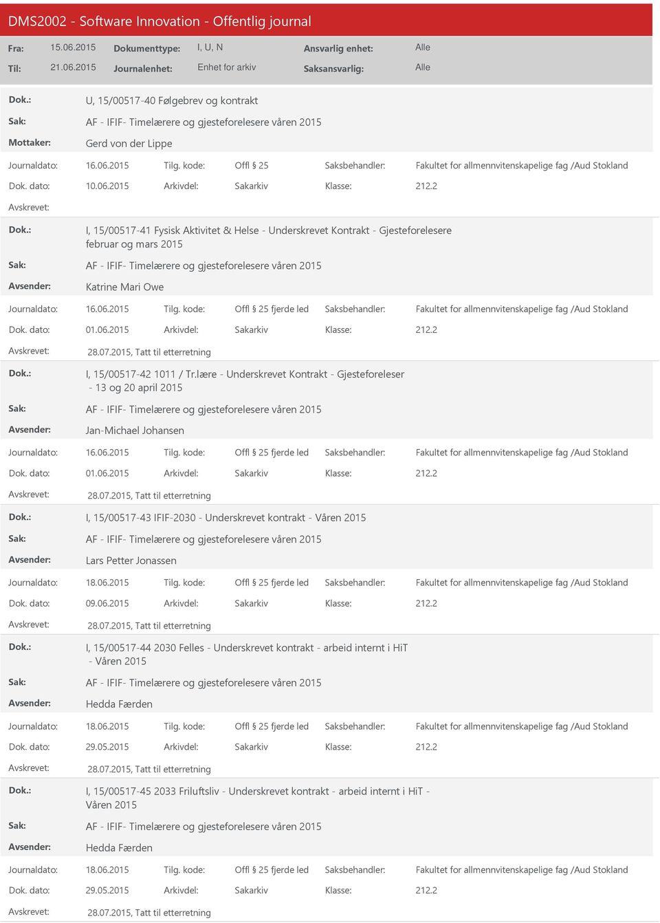 2 I, 15/00517-41 Fysisk Aktivitet & Helse - nderskrevet Kontrakt - Gjesteforelesere februar og mars 2015 AF - IFIF- Timelærere og gjesteforelesere våren 2015 Katrine Mari Owe Offl 25 fjerde led