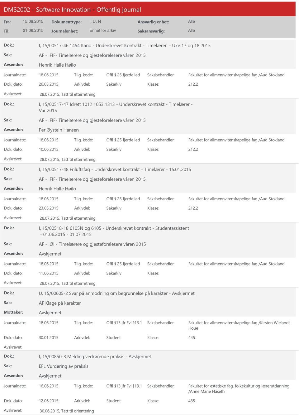 2015, Tatt til etterretning I, 15/00517-47 Idrett 1012 1053 1313 - nderskrevet kontrakt - Timelærer - Vår 2015 AF - IFIF- Timelærere og gjesteforelesere våren 2015 Per Øystein Hansen Offl 25 fjerde