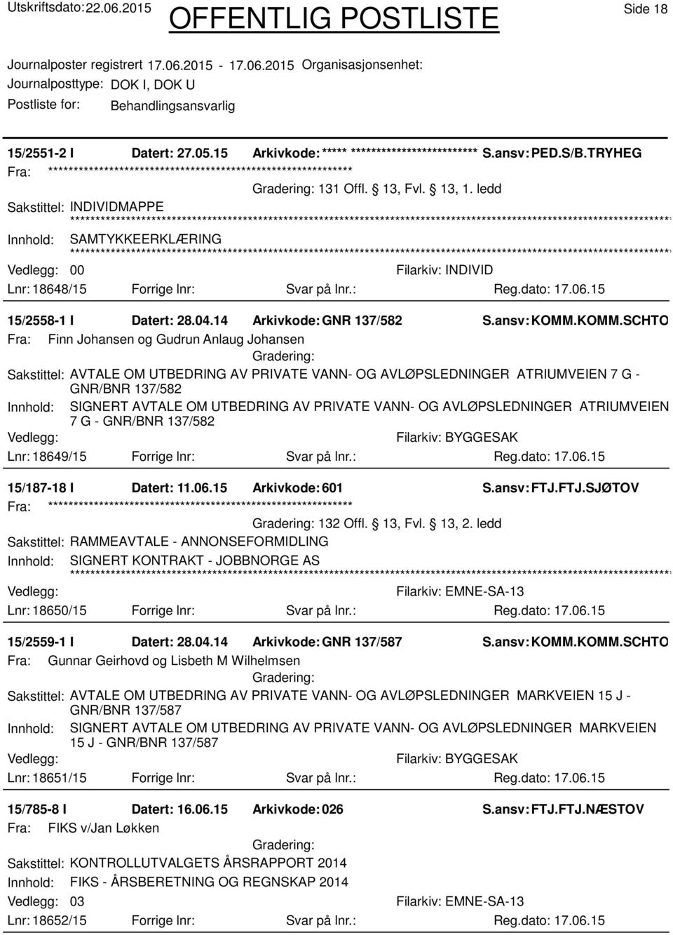 KOMM.SCHTOM Fra: Finn Johansen og Gudrun Anlaug Johansen Sakstittel: AVTALE OM UTBEDRING AV PRIVATE VANN- OG AVLØPSLEDNINGER ATRIUMVEIEN 7 G - GNR/BNR 137/582 Innhold: SIGNERT AVTALE OM UTBEDRING AV