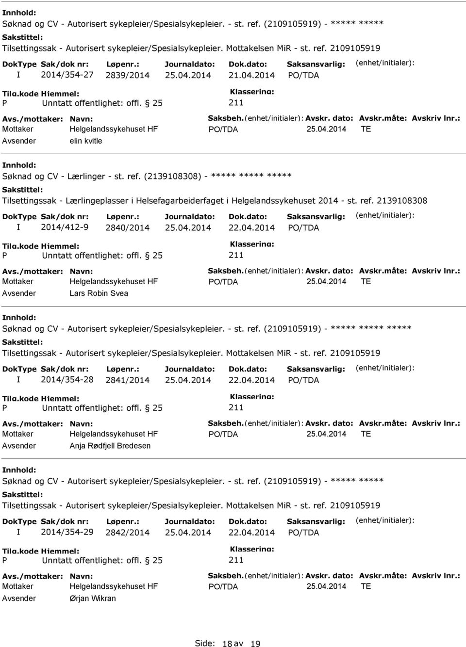 /mottaker: Navn: Saksbeh. Avskr. dato: Avskr.måte: Avskriv lnr.: TE Lars Robin Svea nnhold: ***** 2014/354-28 2841/2014 Avs./mottaker: Navn: Saksbeh. Avskr. dato: Avskr.måte: Avskriv lnr.: TE Anja Rødfjell Bredesen nnhold: 2014/354-29 2842/2014 Avs.