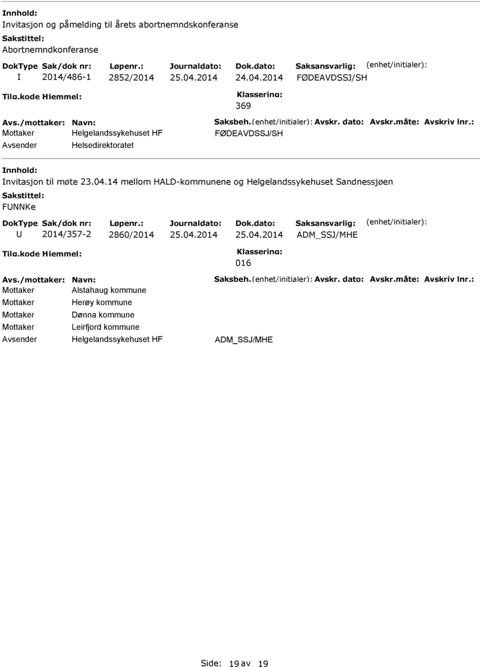 14 mellom HALD-kommunene og Helgelandssykehuset Sandnessjøen FNNKe 2014/357-2 2860/2014 ADM_SSJ/MHE 016 Avs./mottaker: Navn: Saksbeh. Avskr.