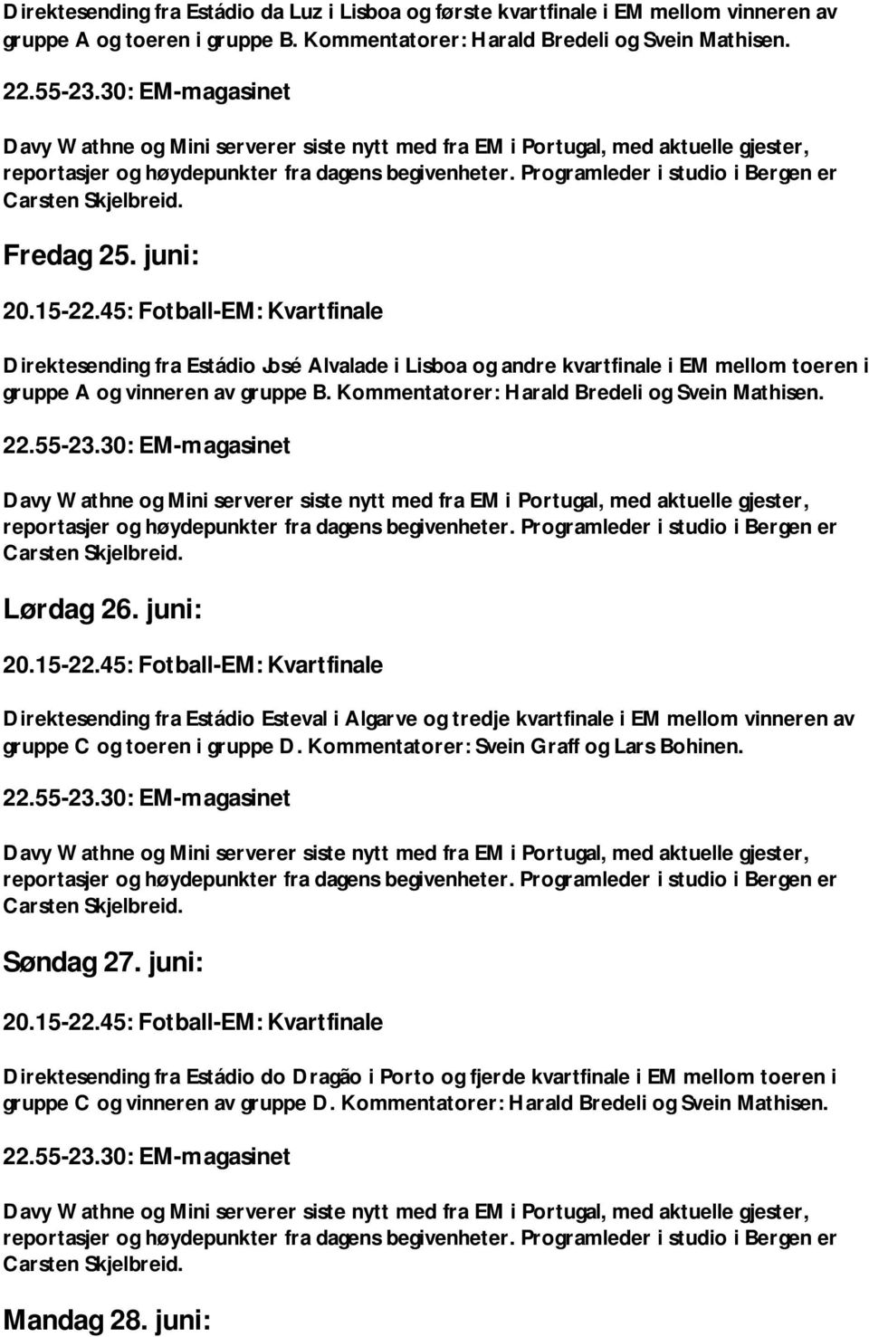 Kommentatorer: Harald Bredeli og Svein Mathisen. Lørdag 26. juni: 20.15-22.