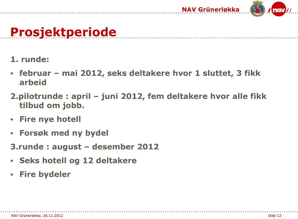 pilotrunde : april juni 2012, fem deltakere hvor alle fikk tilbud om jobb.