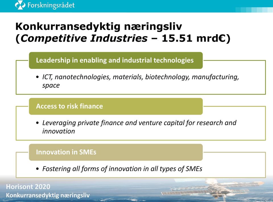 manufacturing, space Access to risk finance Leveraging private finance and venture capital for research and