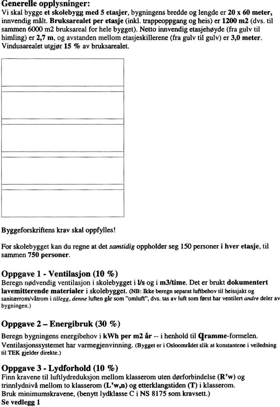 Vindusarealet utgj~r 15 % av bruksarealet. Byggeforskriftens krav skat oppfylles! For skolebyggetan du regne at del samtidig oppholder seg 150 personer i hver etasje, til sammen 750 personer.