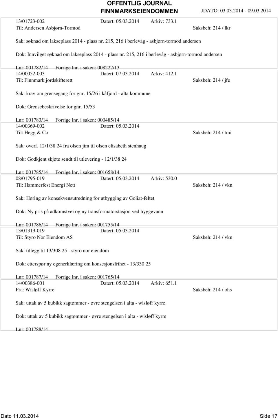 i saken: 008222/13 14/00052-003 Datert: 07.03.2014 Arkiv: 412.1 Til: Finnmark jordskifterett Sak: krav om grensegang for gnr. 15/26 i kåfjord - alta kommune Dok: Grensebeskrivelse for gnr.