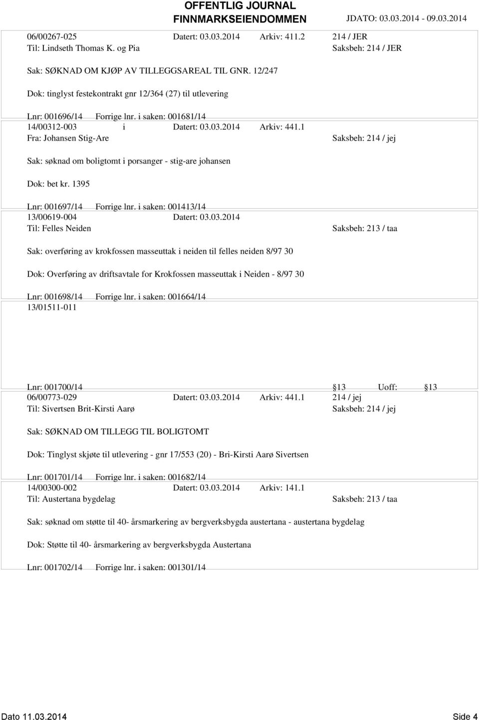 1 Fra: Johansen Stig-Are Sak: søknad om boligtomt i porsanger - stig-are johansen Dok: bet kr. 1395 Lnr: 001697/14 Forrige lnr. i saken: 001413/14 13/00619-004 Datert: 03.