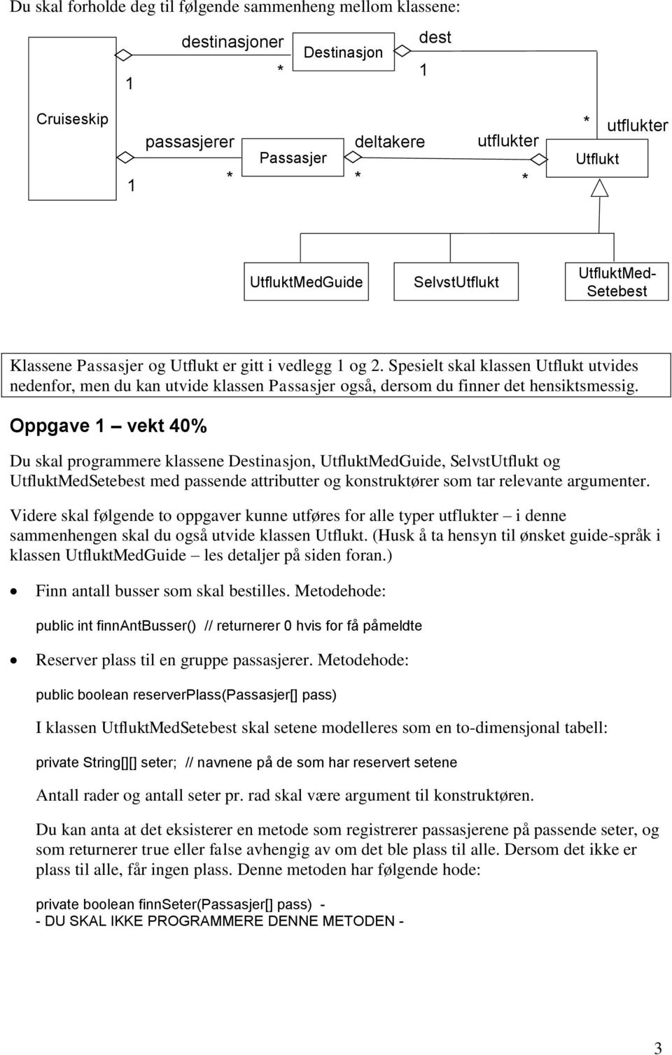 Spesielt skal klassen Utflukt utvides nedenfor, men du kan utvide klassen Passasjer også, dersom du finner det hensiktsmessig.