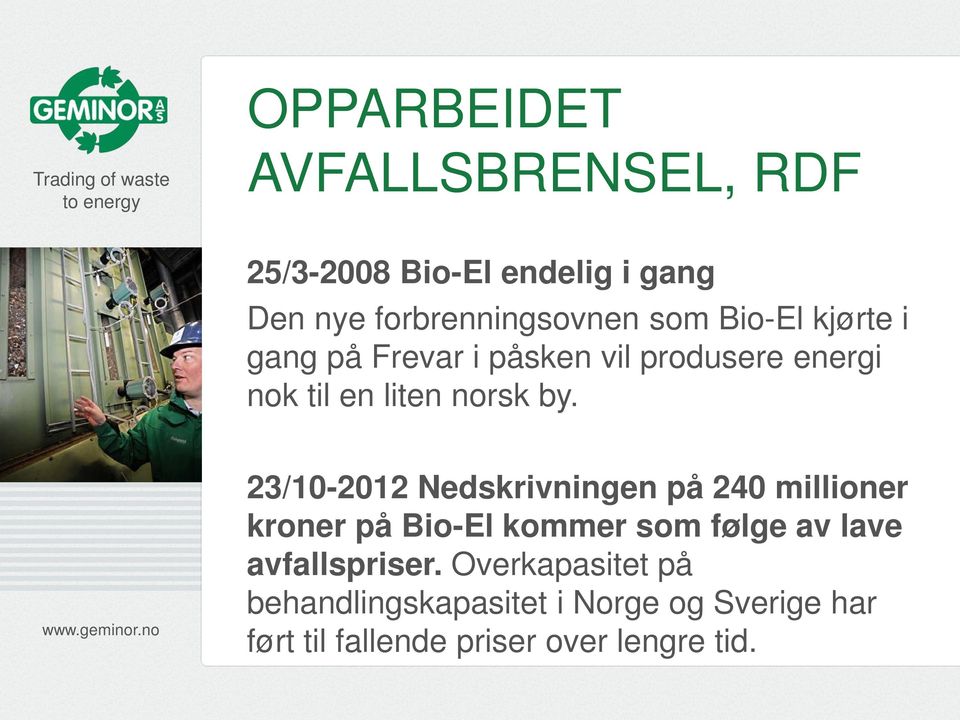 23/10-2012 Nedskrivningen på 240 millioner kroner på Bio-El kommer som følge av lave