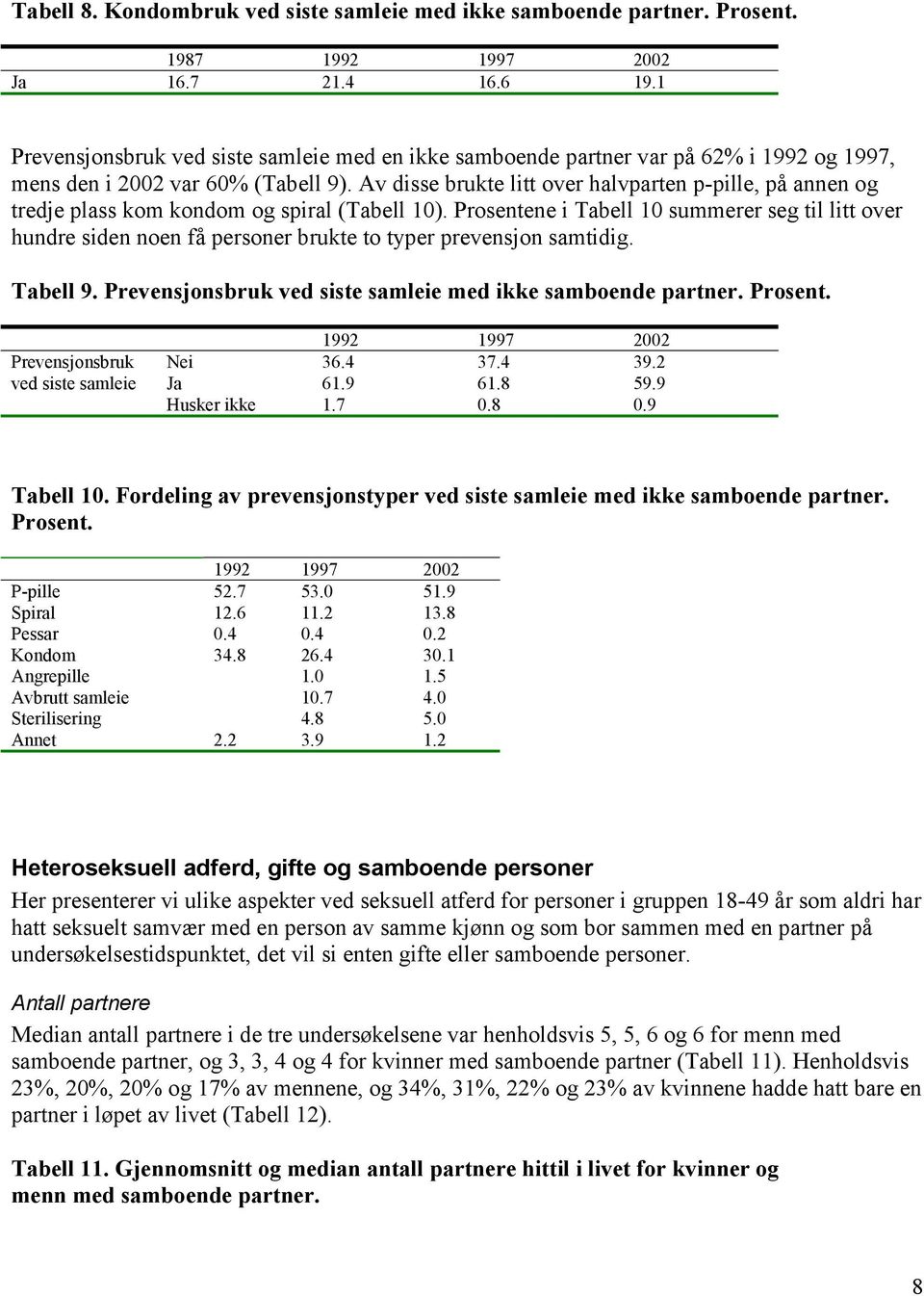 Av disse brukte litt over halvparten p-pille, på annen og tredje plass kom kondom og spiral (Tabell 10).