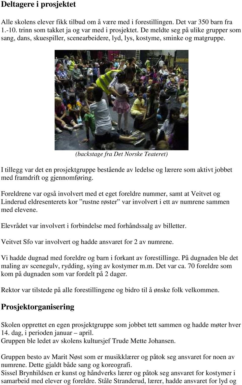 (backstage fra Det Norske Teateret) I tillegg var det en prosjektgruppe bestående av ledelse og lærere som aktivt jobbet med framdrift og gjennomføring.