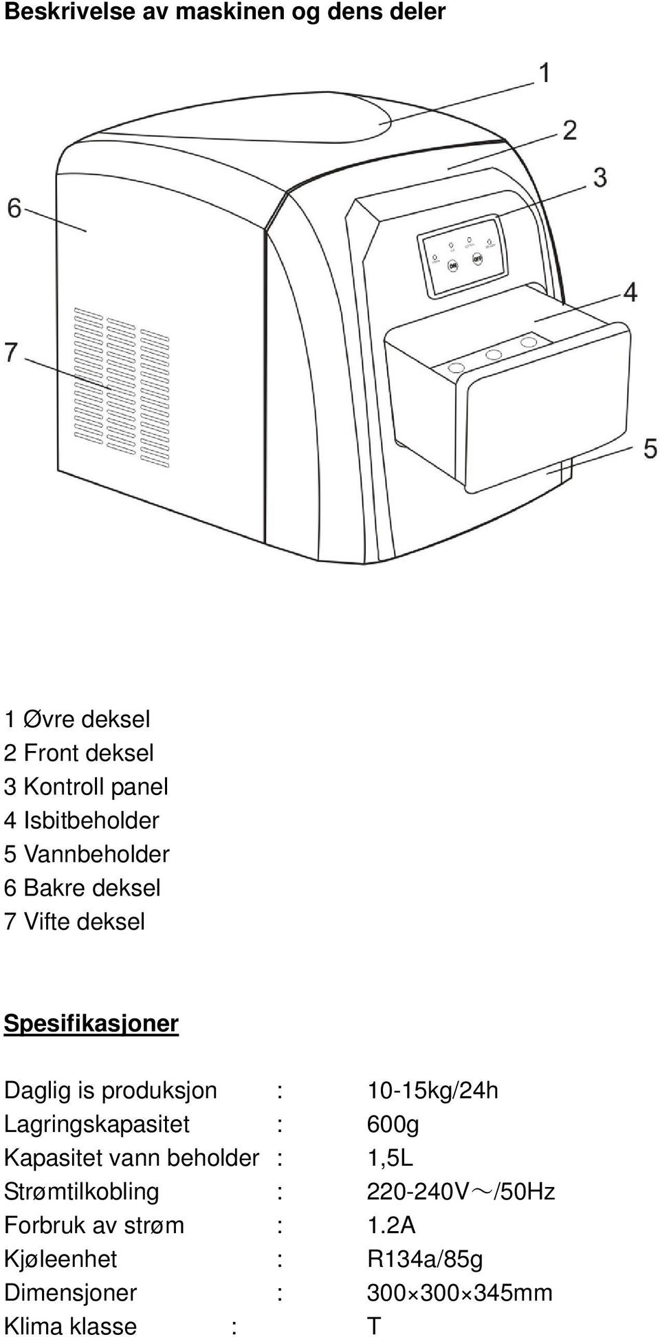 produksjon : 10-15kg/24h Lagringskapasitet : 600g Kapasitet vann beholder : 1,5L