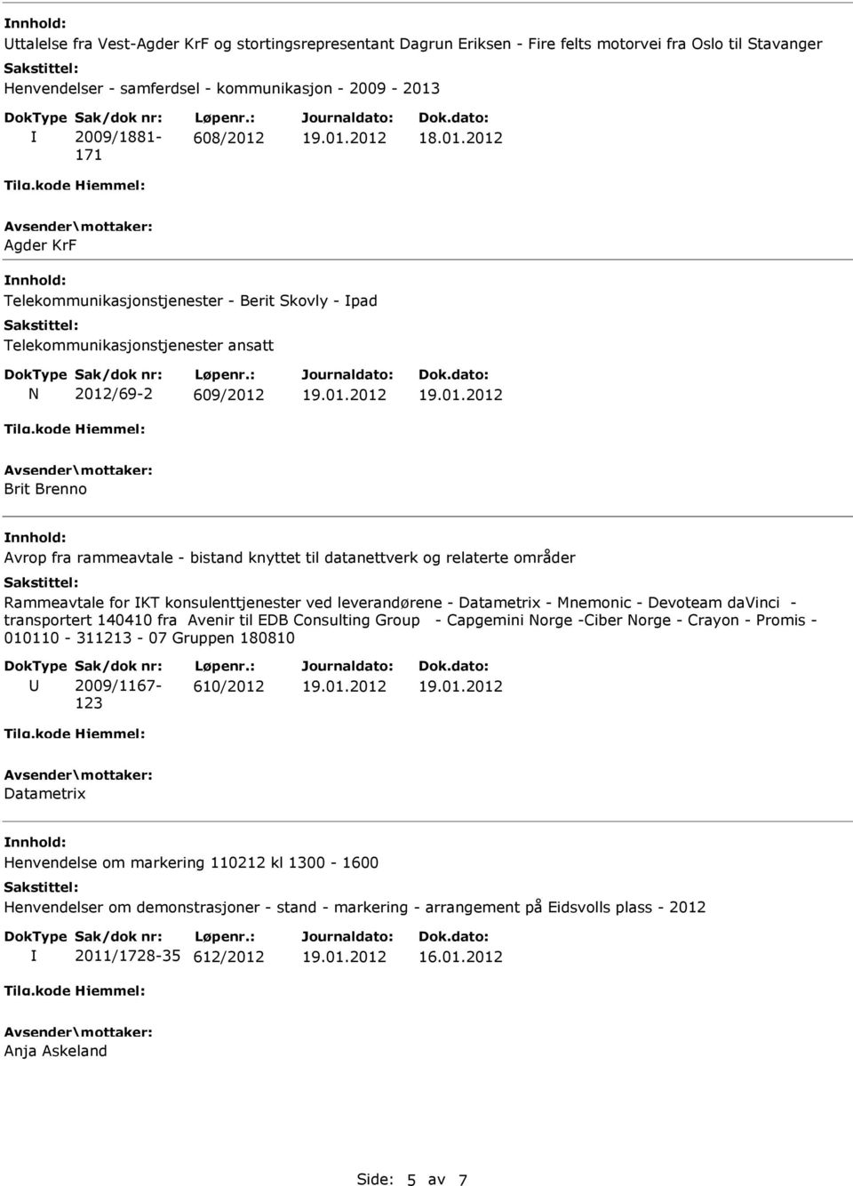Rammeavtale for KT konsulenttjenester ved leverandørene - Datametrix - Mnemonic - Devoteam davinci - transportert 140410 fra Avenir til EDB Consulting Group - Capgemini Norge -Ciber Norge - Crayon -
