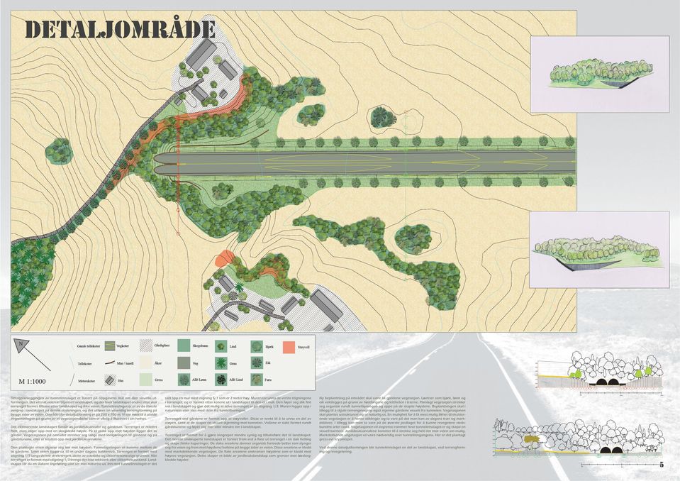 Tunnelinnslaget er et av de største inngrep i landskapet på denne strekningen, og det utføres en vesentlig terrengforming på begge sider av veien. Området for detaljutforming er på 200 x 700 m.