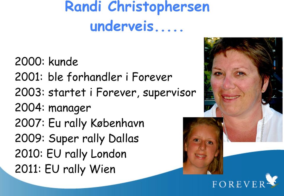 startet i Forever, supervisor 2004: manager 2007: Eu