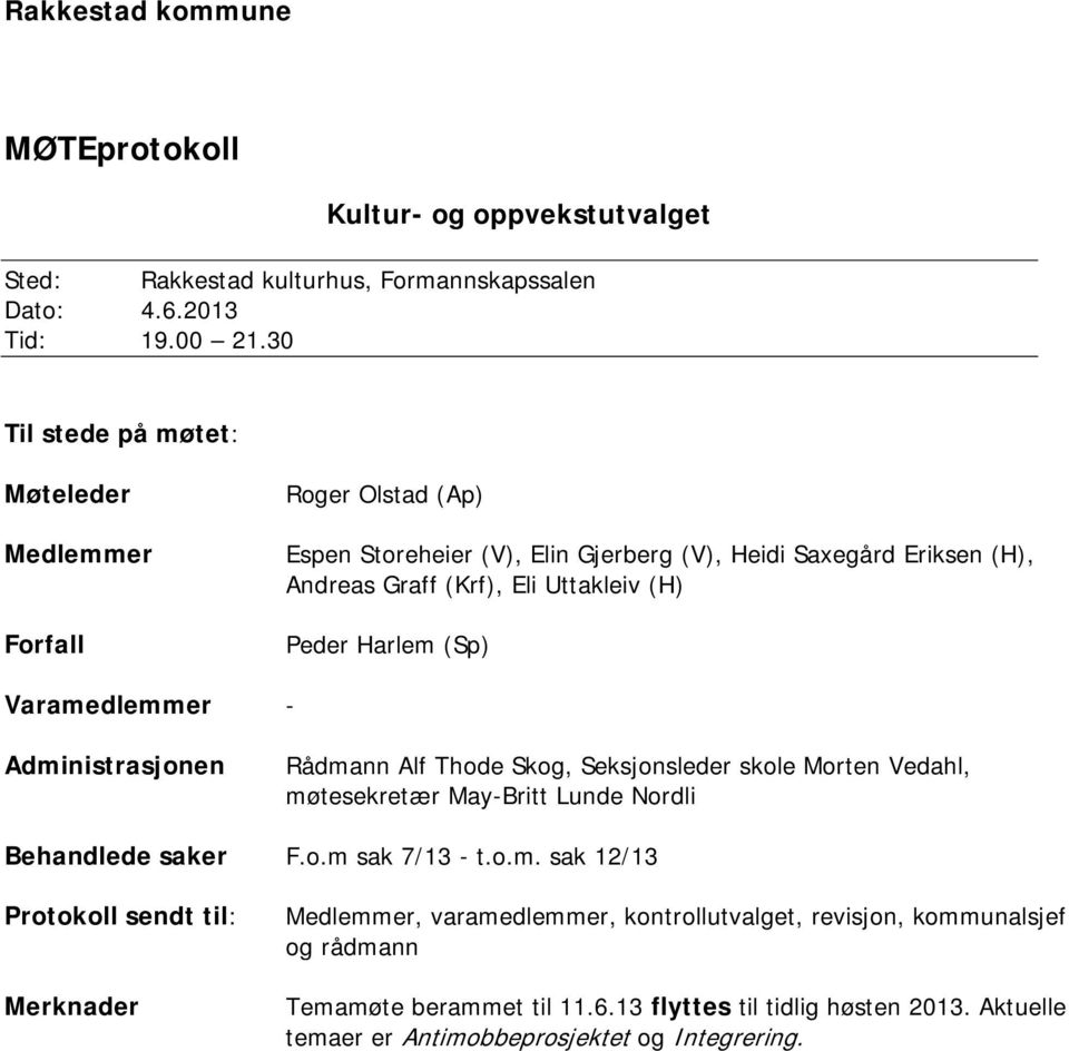 Harlem (Sp) Varamedlemmer - Administrasjonen Rådmann Alf Thode Skog, Seksjonsleder skole Morten Vedahl, møtesekretær May-Britt Lunde Nordli Behandlede saker F.o.m sak 7/13 - t.o.m. sak 12/13 Protokoll sendt til: Merknader Medlemmer, varamedlemmer, kontrollutvalget, revisjon, kommunalsjef og rådmann Temamøte berammet til 11.