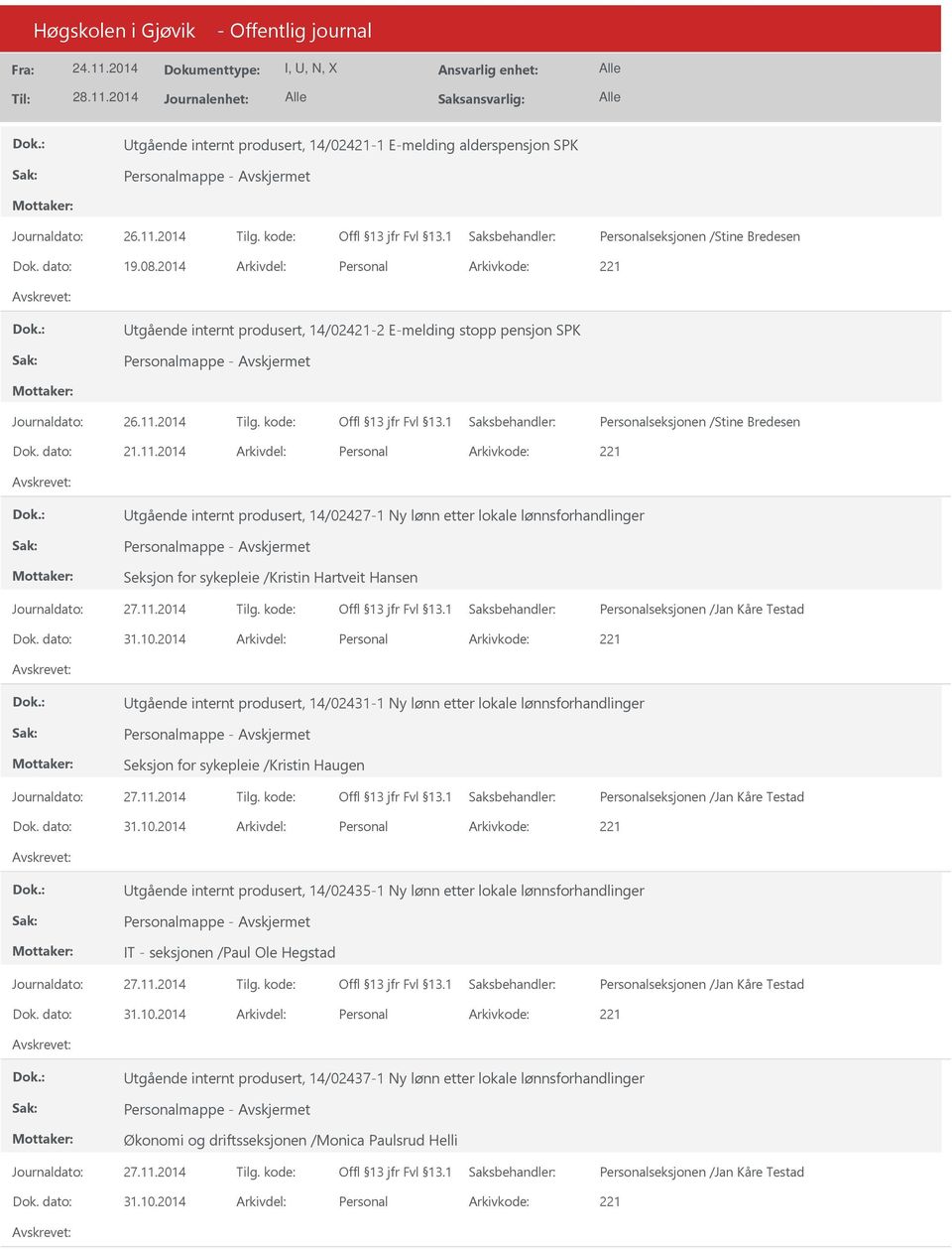 2014 Arkivdel: Personal tgående internt produsert, 14/02427-1 Ny lønn etter lokale lønnsforhandlinger Seksjon for sykepleie /Kristin Hartveit Hansen tgående internt produsert,