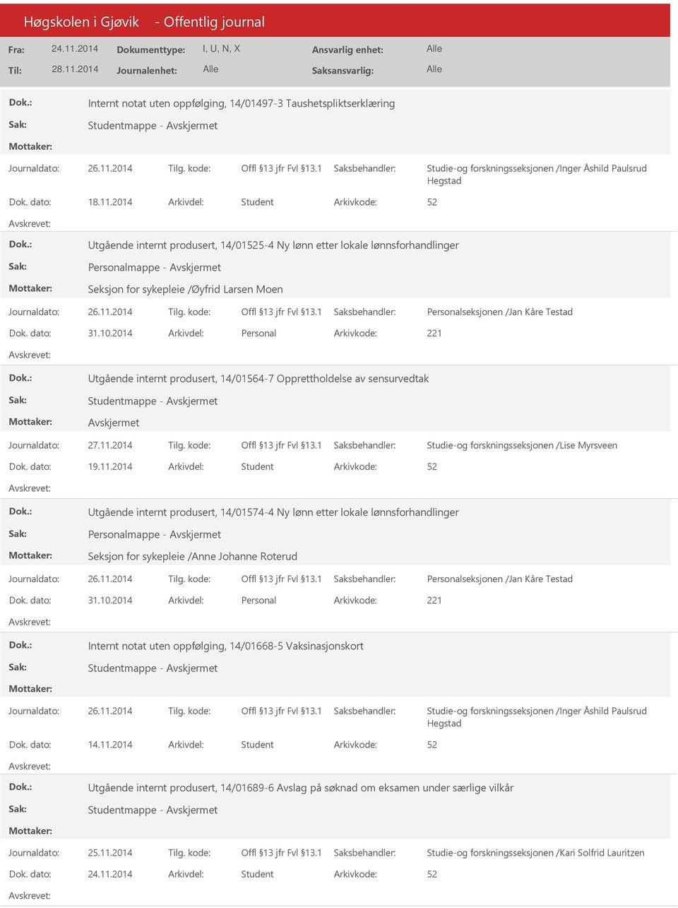 sensurvedtak Studentmappe - Studie-og forskningsseksjonen /Lise Myrsveen Dok. dato: 19.11.