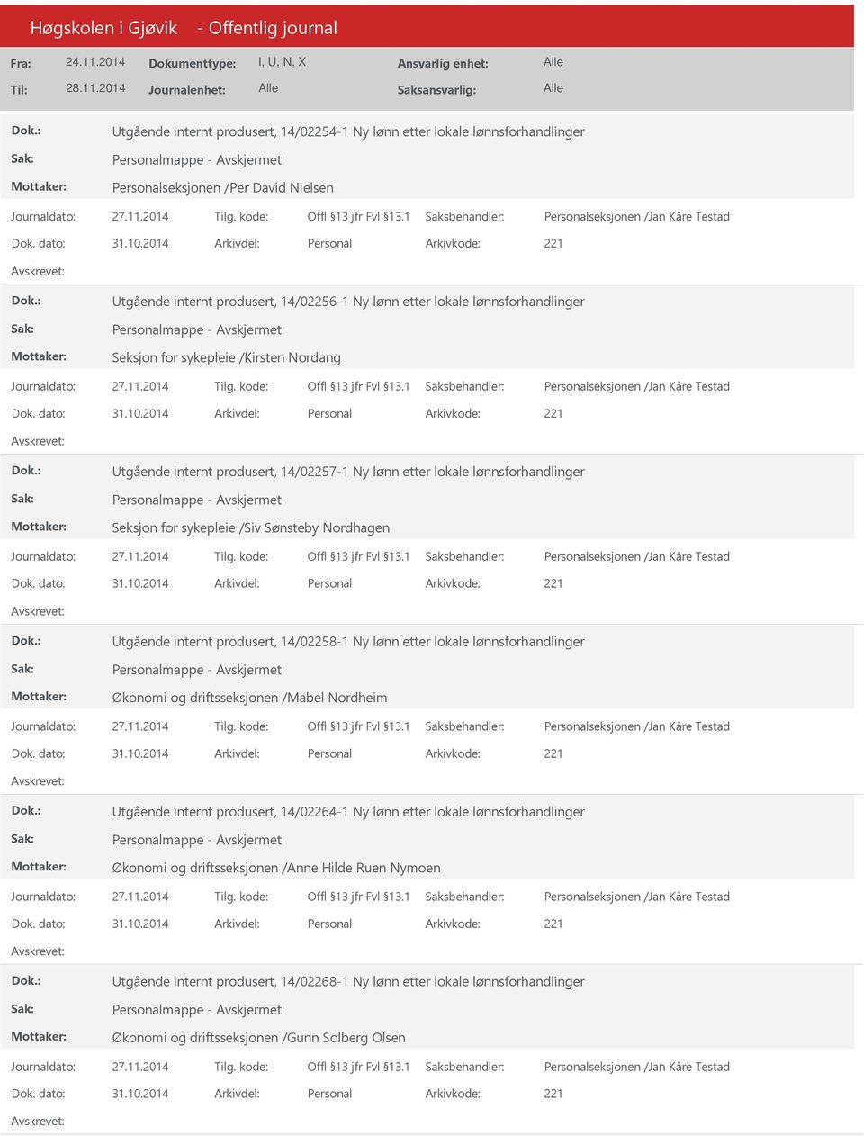 tgående internt produsert, 14/02258-1 Ny lønn etter lokale lønnsforhandlinger Økonomi og driftsseksjonen /Mabel Nordheim tgående internt produsert, 14/02264-1 Ny lønn etter lokale