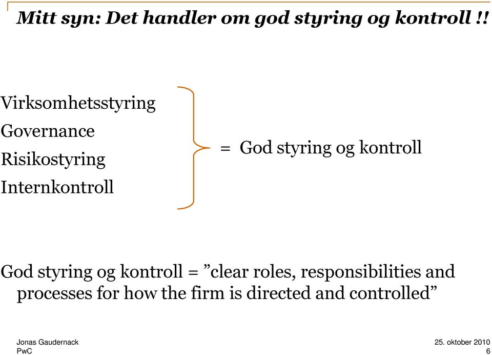 God styring og kontroll God styring og kontroll = clear roles,