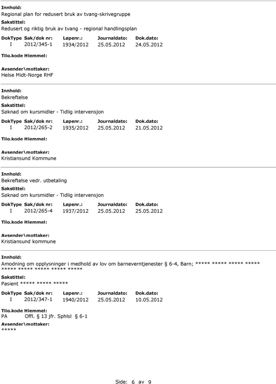 2012 Helse Midt-Norge RHF nnhold: Bekreftelse Søknad om kursmidler - Tidlig intervensjon 2012/265-2 1935/2012 Kristiansund Kommune