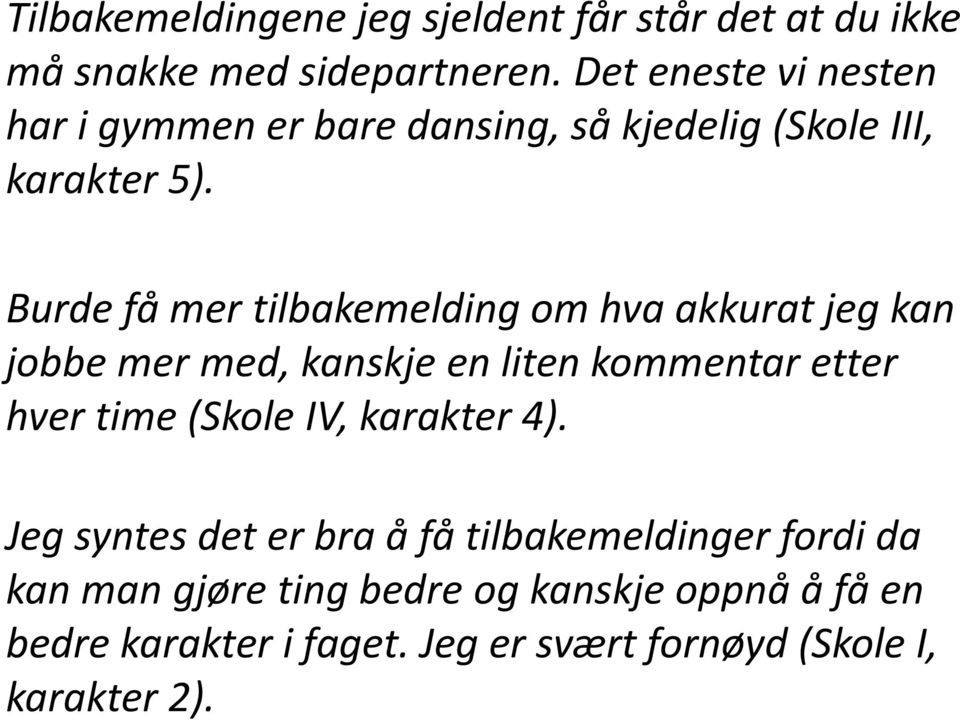 Burde få mer tilbakemelding om hva akkurat jeg kan jobbe mer med, kanskje en liten kommentar etter hver time (Skole