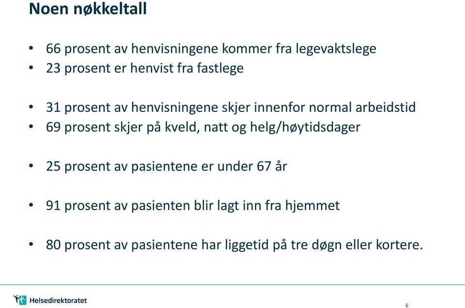 kveld, natt og helg/høytidsdager 25 prosent av pasientene er under 67 år 91 prosent av