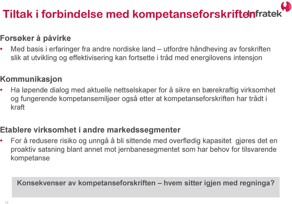 kompetansemiljøer også etter at kompetanseforskriften har trådt i kraft Etablere virksomhet i andre markedssegmenter For å redusere risiko og unngå å bli sittende med overflødig