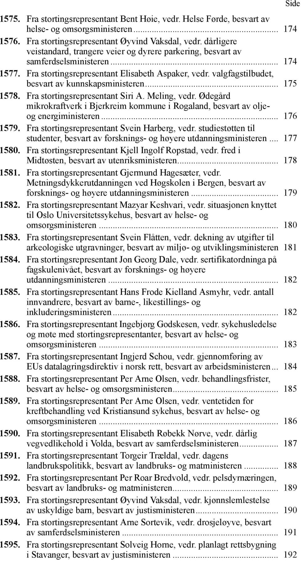 valgfagstilbudet, besvart av kunnskapsministeren... 175 1578. Fra stortingsrepresentant Siri A. Meling, vedr. Ødegård mikrokraftverk i Bjerkreim kommune i Rogaland, besvart av oljeog energiministeren.