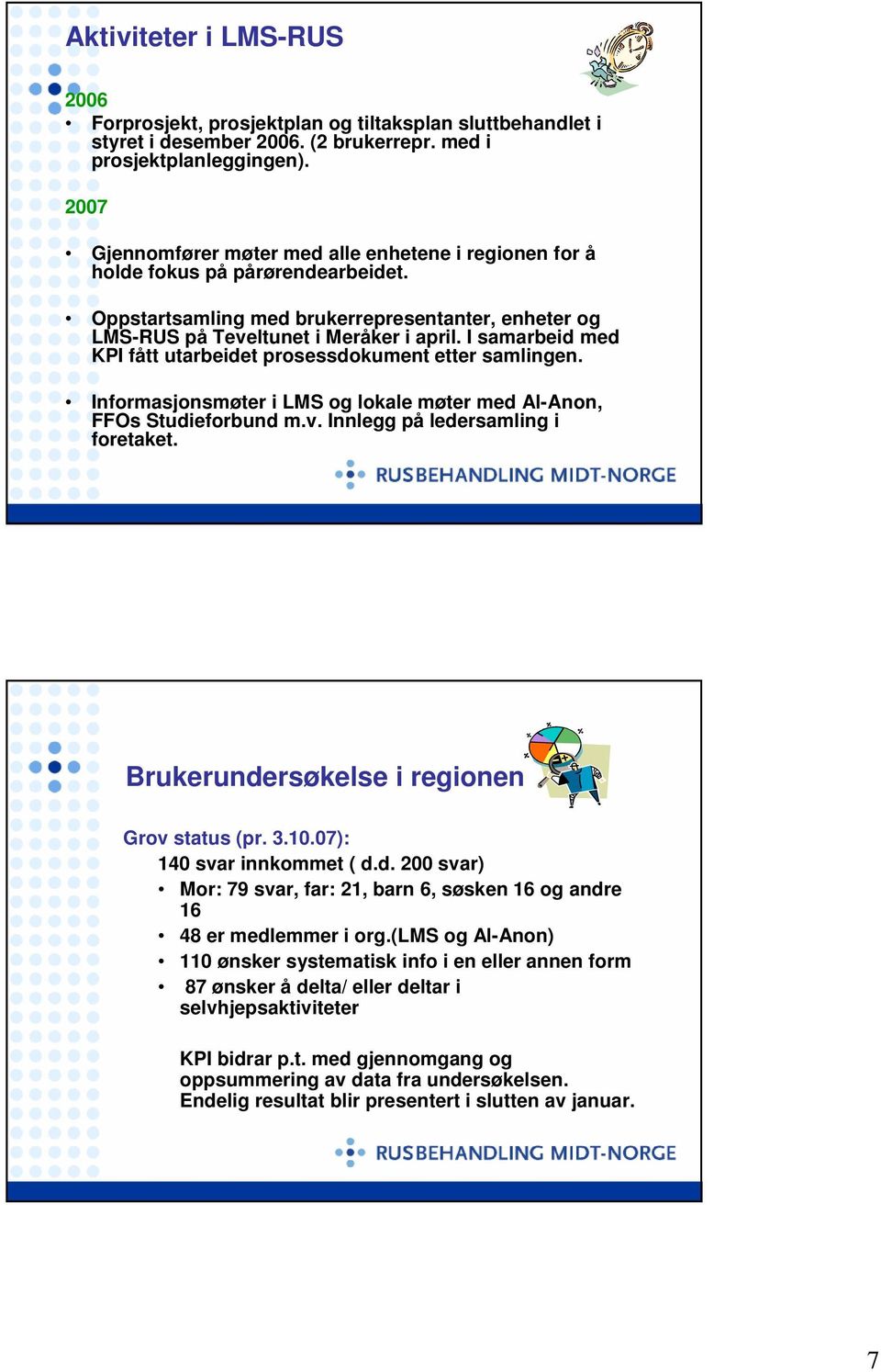 I samarbeid med KPI fått utarbeidet prosessdokument etter samlingen. Informasjonsmøter i LMS og lokale møter med Al-Anon, FFOs Studieforbund m.v. Innlegg på ledersamling i foretaket.