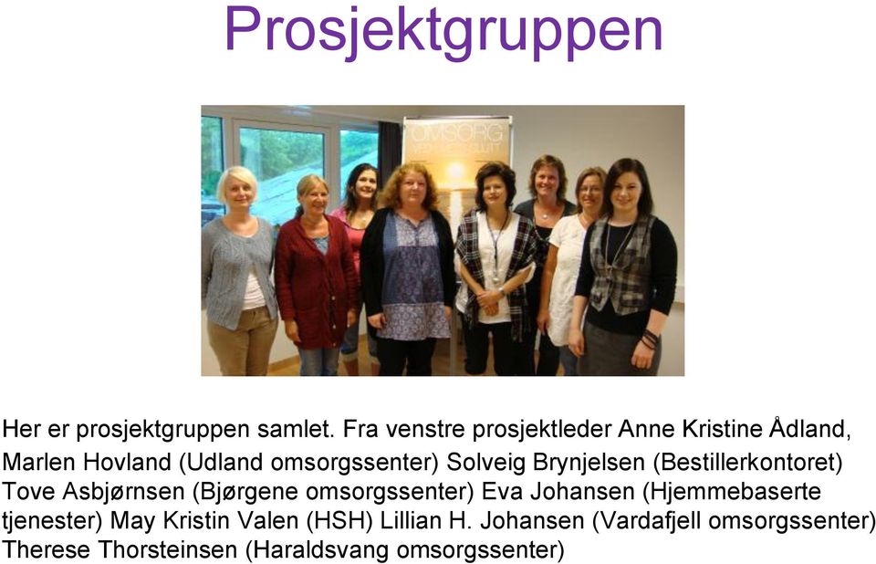 Solveig Brynjelsen (Bestillerkontoret) Tove Asbjørnsen (Bjørgene omsorgssenter) Eva Johansen