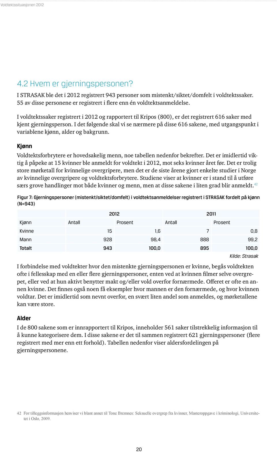 I det følgende skal vi se nærmere på disse 616 sakene, med utgangspunkt i variablene kjønn, alder og bakgrunn. Kjønn Voldtektsforbrytere er hovedsakelig menn, noe tabellen nedenfor bekrefter.