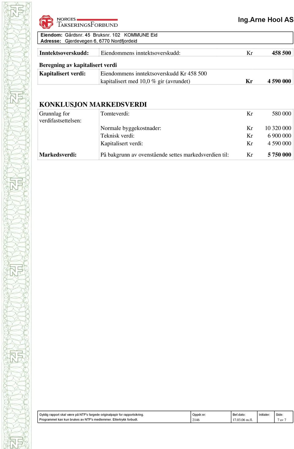 markedsverdien til: 5 750 000 Beregning av kapitalisert verdi Kapitalisert verdi: Eiendommens inntektsoverskudd