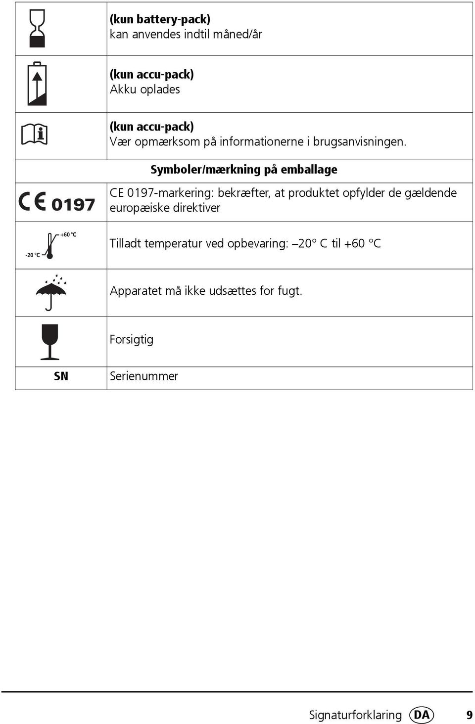 Symboler/mærkning på emballage CE 0197-markering: bekræfter, at produktet opfylder de gældende