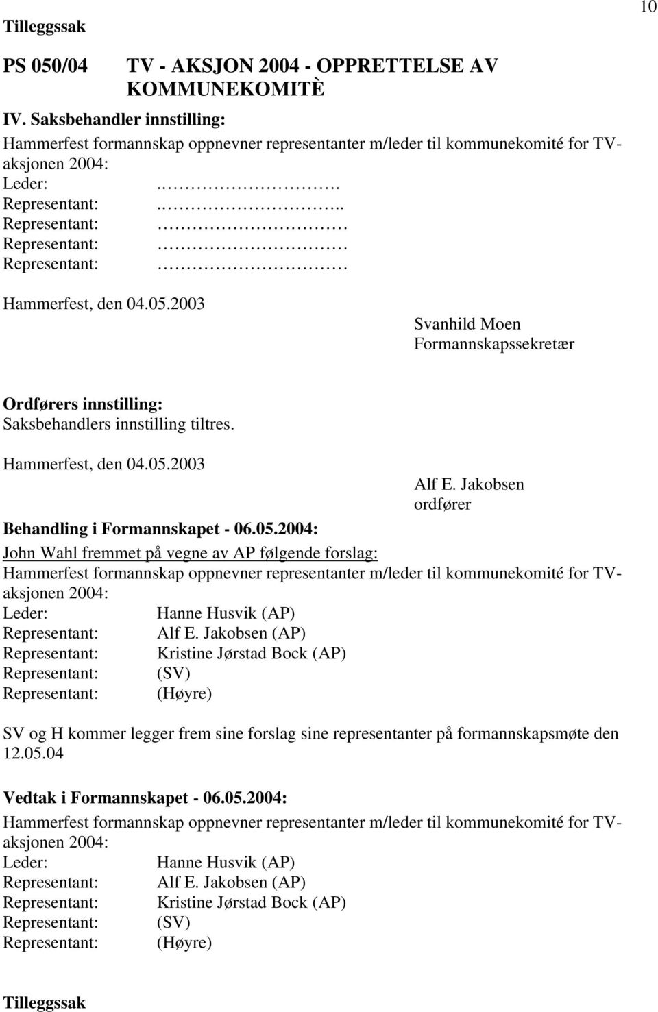 Jakobsen ordfører John Wahl fremmet på vegne av AP følgende forslag: Hammerfest formannskap oppnevner representanter m/leder til kommunekomité for TVaksjonen 2004: Leder: Hanne Husvik (AP)